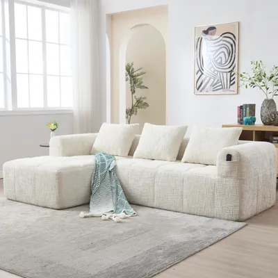 Zdjęcie produktu dla Modułowa sofa narożna w kolorze beżowym z tkaniny szenilowej, w kształcie litery L, bez montażu, 3-osobowa sofa modułowa z leżanką, 3 poduszki, kieszeń boczna, nowoczesny zestaw wypoczynkowy