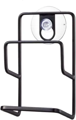 A black metal sponge holder with a suction cup attached to a black mounting plate.