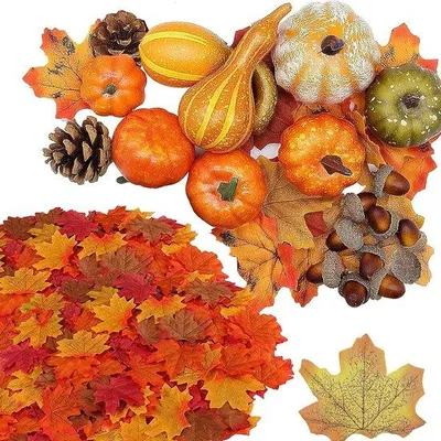 Produktbild von Herbstdeko-Set - Kunstliche Kürbisse und Eichenblätter - 120 Stück für Wohnzimmerdeko
