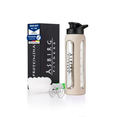 Produktbild von Asbirg | Glas Protein Shaker 700ml – BPA-frei, auslaufsicher & robust – Eiweiß Shaker aus Borosilikatglas – Trinkflasche für Fitness & Sport