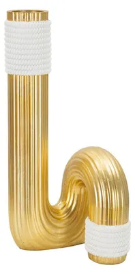 Zdjęcie produktu dla Wazon z żywicy poliestrowej, falisty, złoty i biały, wymiary: 15,3 x 13 x 30,5 cm, o Ferretti, kolekcja Bann