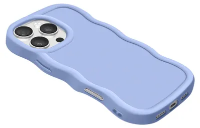 A lavender-colored iPhone case with a wavy design is shown from a diagonal angle, highlighting the camera cutout and the case's textured edges.
