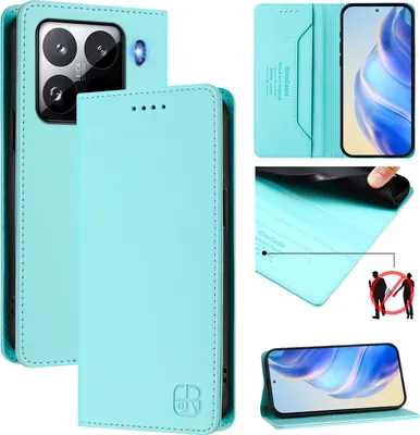 Obrázek produktu pro Kožené pouzdro pro Xiaomi 15 Pro, flipové pouzdro s přihrádkami na karty, peněženkou a stojánkem Tyrkysový
