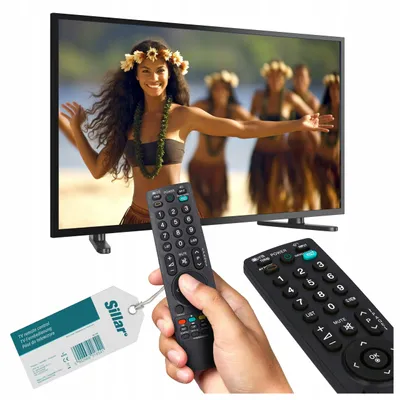 A TV screen displaying a tropical scene with people dancing, with two remote controls and a product tag in the foreground.