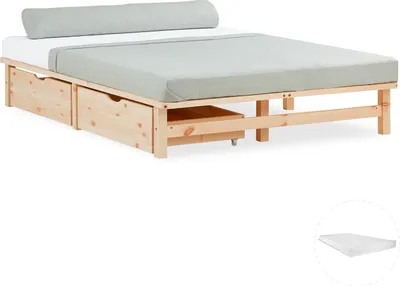 Produktbild von Homestyle4u Holzbett Jugendbett Palettenbett 140x200 mit Matratze 2 Bettkästen Natur Futonbett