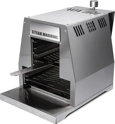 A stainless steel steak machine grill is shown from a three-quarter front angle with its door open.