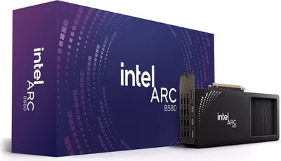 A product shot of an Intel Arc B580 graphics card and its packaging.