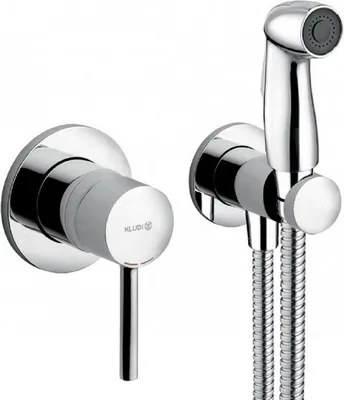 A chrome-finished bathroom faucet set with a bidet sprayer, mounted on a white background.