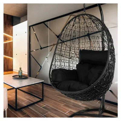 Produktbild von Komplettset: schwarzer Hängesessel mit Gestell und Kissen, Poly-Rattan, schwarzes Set (Kissen: schwarz)