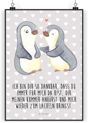 Produktbild von Mr. & Mrs. Panda Bild Pinguine trösten DIN A4 - Grau Pastell - Geschenk, Freundin, wanddeko, Valentinstag, für Frauen, Hochzeitstag, Mitbringsel, Wandschmuck, drucke