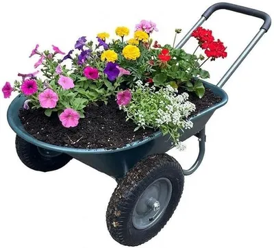 Productafbeelding van Tuimelaar tot 120 kg, met 2 luchtbanden en metalen velgen, tuimelaar voor de tuin, afmetingen 124 x 66 x 62,5 cm, kunststof kuip, materiaal: ijzer en kunststof, kleur: legergroen