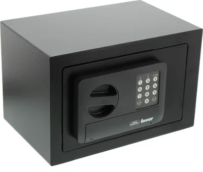 A black safe with a digital keypad is shown against a white background.