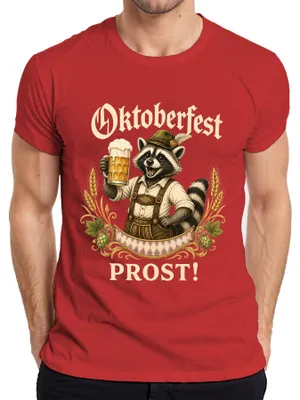 Productafbeelding van . PROST! Wasbeer leren broek, traditioneel shirt, dirndl, Beieren, heren T-shirt, rood, maat M
