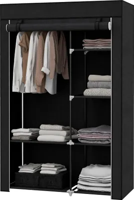 Produktbild von HOMCOM Kleiderschrank Stoffschrank mit 2 Kleiderstangen, 6 Fächern, Schwarz