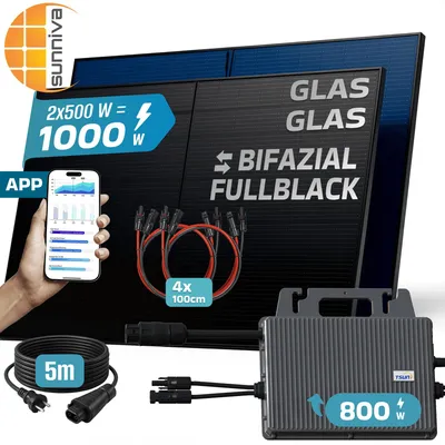 Produktbild von SUNNIVA® 1000W Balkonkraftwerk BIFAZIAL FULLBLACK komplett Steckdose TSUN 800W Wechselrichter, PV Solaranlage, 5m Kabel, Bluetooth WIFI