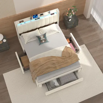 Image de Structure de lit rembourrée avec espace de rangement, tête de lit, éclairage LED et ports USB