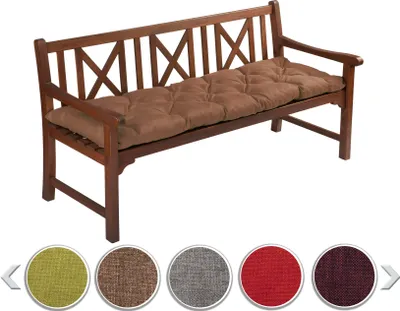 A wooden bench with a brown cushion, shown in a studio setting with color swatches below.