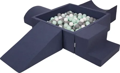 Produktbild von KiddyMoon spielplatz aus schaumstoff mit quadrat bällebad (300 bälle) ballgruben für babys spielbad hindernisläufen, hergestellt in der eu, dunkelblau:weiß/grau/minze
