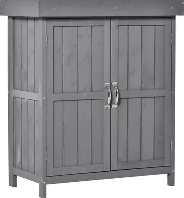 Image de Armoire de jardin Armoire à outils résistante aux intempéries en bois de sapin, double porte, 2 compartiments, gris foncé, 74 x 43 x 88 cm