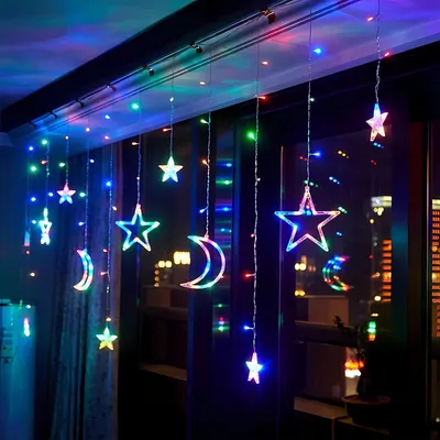 Produktbild von Stern Mond LED Lichterkette, Lichtervorhang Innen 8 Modi, Bunt Weihnachtsbeleuchtung, Weihnachtsdeko Fenster