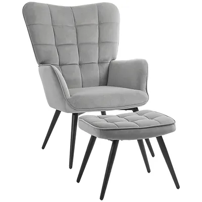 Produktbild von Relaxsessel mit Hocker, Ohrensessel Samt Grau, Stahlbeine, 73x77,5x98 cm