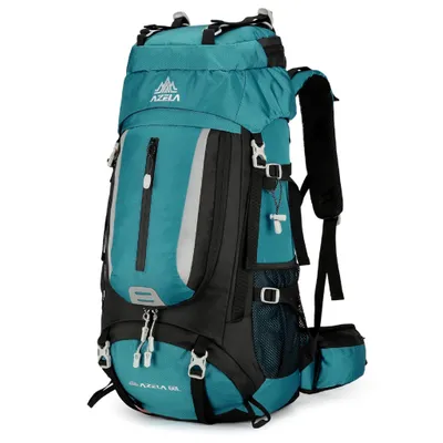 Produktbild von Wanderrucksack 60L Rucksäcke Wasserdichter ergonomisch Trekkingrucksack mit Regenhülle türkisblau