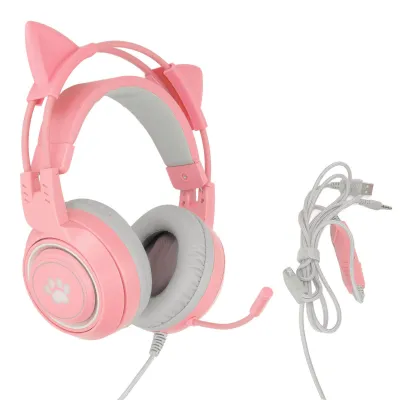 Zdjęcie produktu dla SYG25 Cat Ear Gaming Headset USB + wtyczka 3,5 mm Słuchawki do gier z regulacją głośności i wyciszaniem mikrofonu (różowe)