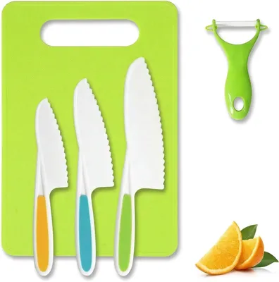 Produktbild von Kindermesser 5 Stück, Küchenmesser-Set mit Sparschäler und Schneidebrett, zum Kochen