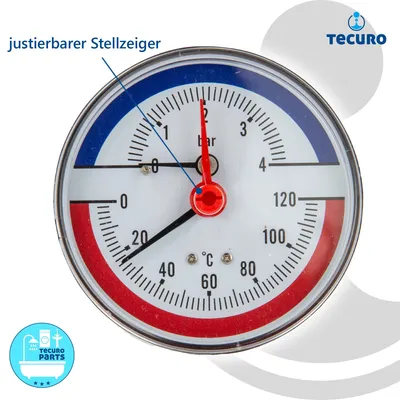 Produktbild von tecuro Ø 80 mm Bi-Metall Thermometer 0 - 120°C Manometer 0-4 bar, 1/2 Zoll, axial, mit Montageventil