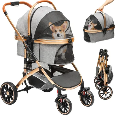 Produktbild von Hundenwagen 3-in-1 für kleine Hunde und Katzen bis 20 kg - Aufklappbare Buggy für Hunde - Tragbarer Kinderwagen für Hund und Katze - Grau - Stilvolles Wandern und Transportieren