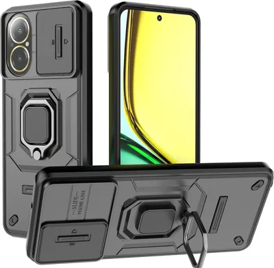 Immagine prodotto di Custodia per Realme C67 4G a doppio strato con protezione scorrevole della fotocamera e supporto ad anello, supporto nero