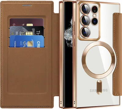 Image de Etui pour Samsung Galaxy S22 Ultra 5G compatible avec MagSafe, étui transparent avec porte-cartes, étui en cuir avec protection de l'appareil photo Marron
