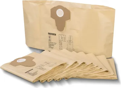 A stack of paper vacuum cleaner bags, with one bag spread out in the foreground.