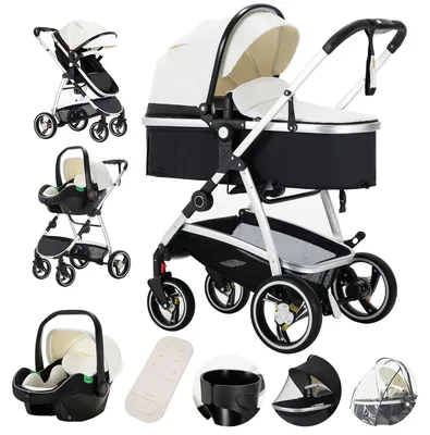 Produktbild von Kombikinderwagen 3 in 1 - Modell 808B - Hoher Sitz - Klappbarer Reisebuggy - Mit Babywanne und Trage - Für geborene bis 2 Jahre - Weiß