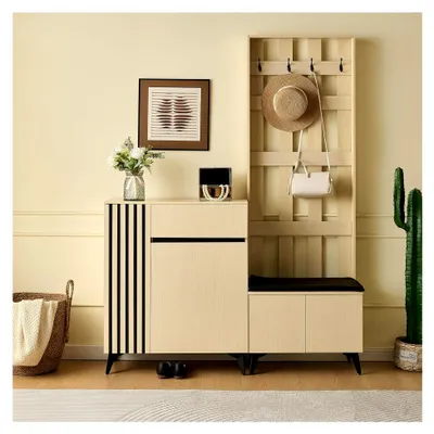 Produktbild von Garderobenset mit Schuhschrank, Haken, Sideboard und Sitzbank für den Flur, Kompaktgarderobe, Kombinationsset, Helle Holzmaserung