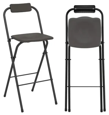 Immagine prodotto di Set di 2 sgabelli da bar pieghevoli con schienale, portata 150 kg, colore grigio.