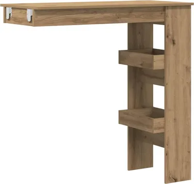 A wooden bar table with shelves, shown against a white background.
