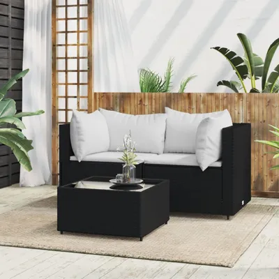 Produktbild von Möbel 3-tlg. Garten-Lounge-Set mit Kissen Schwarz Poly Rattan - Gartensofas 319731