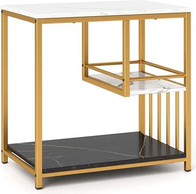 Obrázek produktu pro třípatrový odkládací stolek, konferenční stolek s mramorováním, zlatým kovovým rámem a úložným prostorem, elegantní noční stolek s ochrannou ohrádkou a protiskluzovými nožičkami