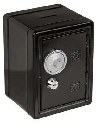 Produktbild von Metallene Spardose in Tresorform, robust, mit Schlüssel, schwarz