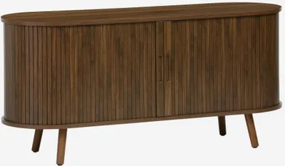 A wooden TV stand with two doors and four legs, shown against a white background.