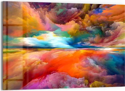 Produktbild von DEQORI Glasbild Echtglas 90x60 cm 'Gespiegelte Farbwolken' Wandbild Bild modern Deko