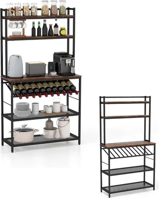 Produktbild von KOMFOTTEU Küchenregal Bäckerregal 6 Ebenen, Standregal mit Flaschenhalter, Mikrowellenregal aus Metall & Holz, Netzregal inkl. 6 Haken, 90x35x165 cm