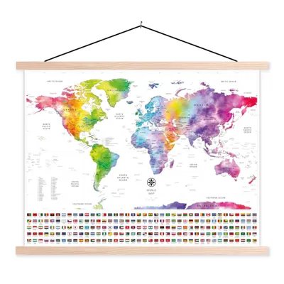 Obrázok produktu pre MuchoWow® Textilný plagát - Mapa sveta - Akvarel - Dúha - Vlajka - 60x45cm - S hnedými lamelami
