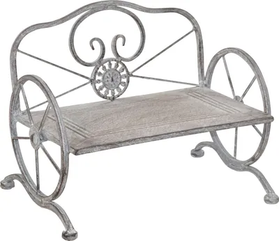 A decorative metal bench with wheel accents, likely for garden or indoor use.