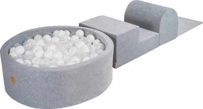 Image de Aire de jeux MeowBaby en mousse Ensemble de 3 éléments en mousse avec piscine à balles rondes, 200 balles, velours, Gris clair : Blanc/transparent
