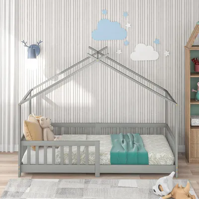 Immagine prodotto di Letto a castello per bambini, dimensioni 90x200 cm, con protezioni laterali, colore grigio, realizzato in legno di pino