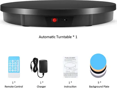 Zdjęcie produktu dla Elektryczny obrotowy stojak ekspozycyjny – powierzchnia lustrzana obracająca się o 360° – 50 cm – nośność 100 kg – zasilany bateryjnie, do zdjęć, filmów i biżuterii – czarny