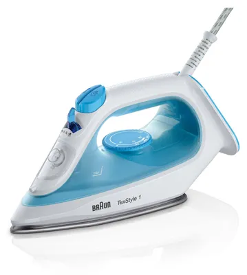 A white and blue Braun TexStyle 1 steam iron is shown against a white background.