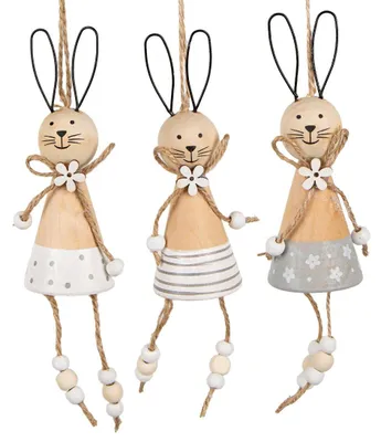 Produktbild von 3 Osterhasen zum Hängen Hasen Anhänger Deko aus Holz & Metall Natur grau 16,5 cm